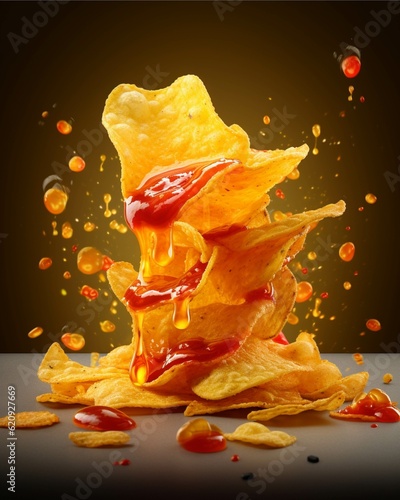 Potato chips with ketchup and cheese splashes on dark background