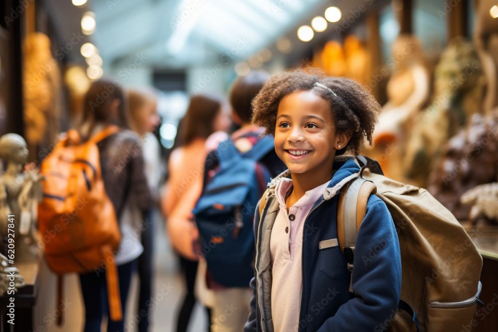 A group of classmates friends, bags in tow, exploring a museum as part of an educational field trip Generative AI A group of classmates friends, bags in tow, exploring a museum as part of an educational field trip Generative AI