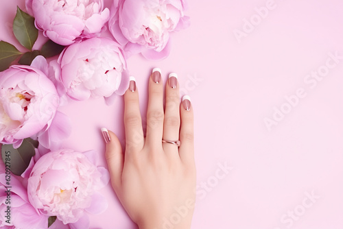 close up of hand with beautiful French manicure with pink peonies, AI generated