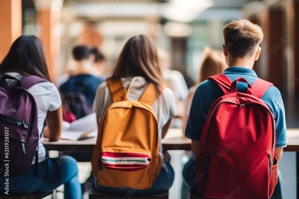 A group of classmates friends, backpacks packed with books, sitting together in the cafeteria during lunch break Generative AI A group of classmates friends, backpacks packed with books, sitting together in the cafeteria during lunch break Generative AI