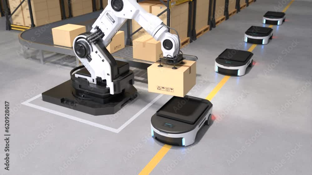 The Robot arm picks up the box for Autonomous Robot transportation in warehouses, Warehouse automation concept The Robot arm picks up the box for Autonomous Robot transportation in warehouses, Warehouse automation concept