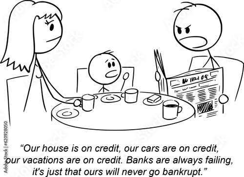 Family Talking About Bank Loan and Credit, Vector Gag Cartoon Stick Figure Illustration