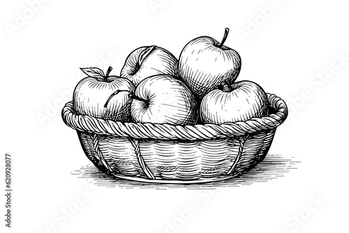 Apples in a basket fruit hand drawn engraving style vector illustrations