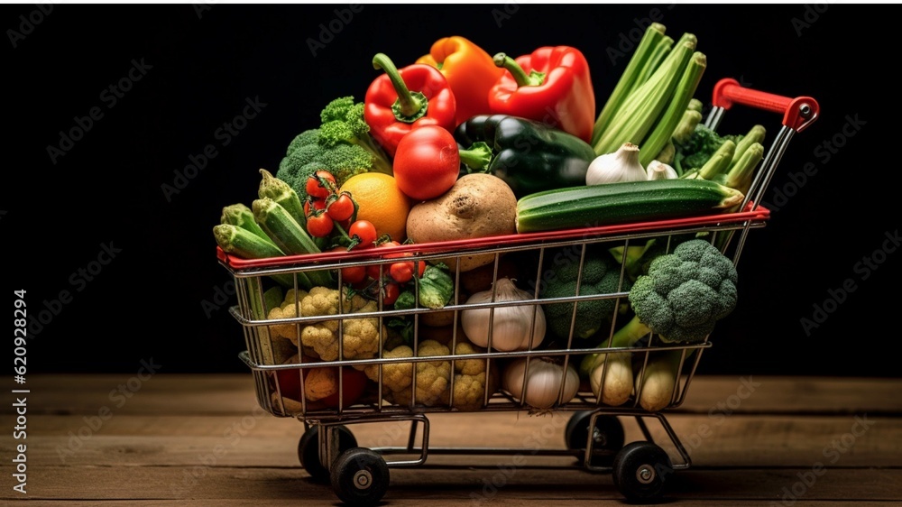 Shopping cart full of fresh fruits and vegetables in grocery store. Shopping cart full of fresh fruits and vegetables in grocery store.
