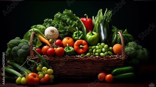 Composition with variety of raw vegetables in wicker basket on table