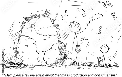 Future Caveman Tells a Child About Civilization , Vector Gag Cartoon Stick Figure Illustration