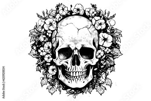 Human skull in a flower frame woodcut style. Vector engraving sketch illustration for tattoo and print design