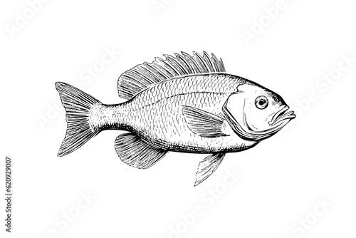 Perch hand drawn engraving fish isolated on white background. Vector sketch illustration