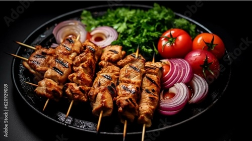 Grilled chicken kebab on skewers with vegetables on black background