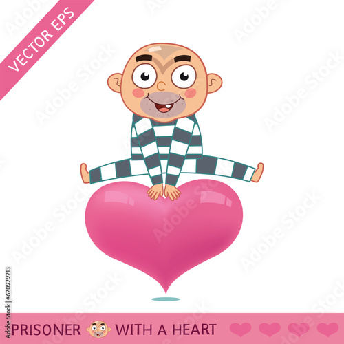 Cute Man Prisoner jumping On Balloon Of Heart Shape. T shirt, Background, Vector Illustration Cartoon EPS Images. 
