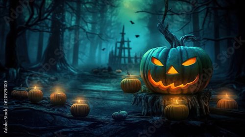 Halloween pumpkin in a foggy forest. Illuminated Jack-o-Lantern surrounded by candles in a dark autumn forest with cyan fog. Generative Ai.