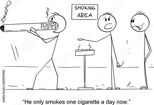 Person Smoking Huge Cigarette, Vector Gag Cartoon Stick Figure Illustration
