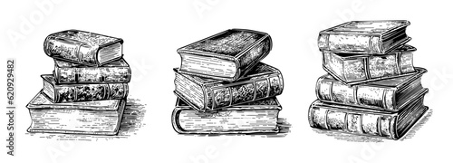 Sketch engraving stack of books set. Hand drawn vector illustration pack. Black and white composition
