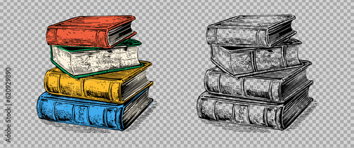 Sketch engraving transparent stack of books set. Hand drawn vector illustration pack. Color and black and white image