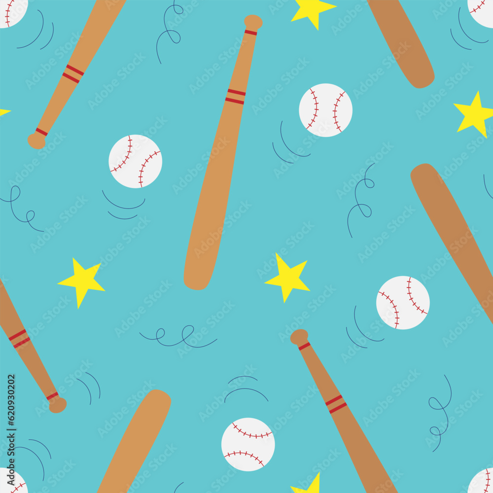 Vector seamless pattern with baseball bats and balls in cartoon style