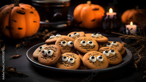 Halloween party cake cookies in a bowl on the table decorated with cream, pumpkins, candles, smoke spooky scary trick or treats October 31.