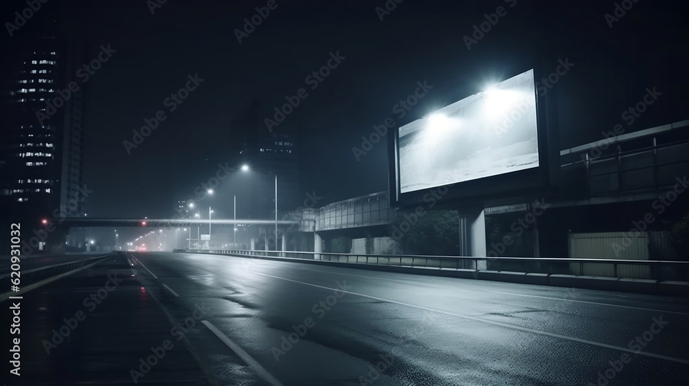 Blank billboard at night in the city, Generative Ai