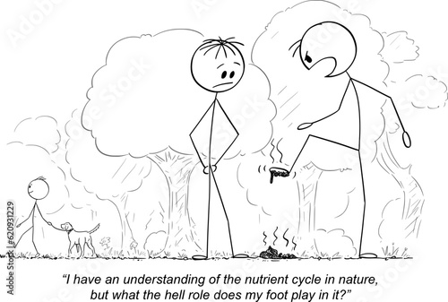 Frustrated Man Stepped on Dog Excrement in Park, Vector Gag Cartoon Stick Figure Illustration