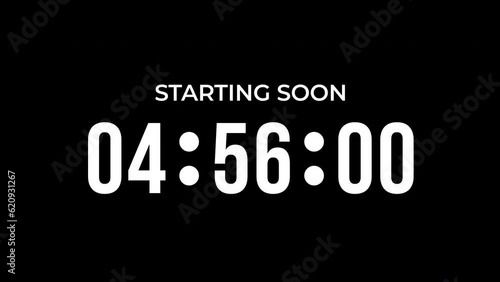 Starting soon Digital countdown clock timer in 5 hours to zero second. White text number on isolated black background. Element for overlay concept. 4K footage motion video