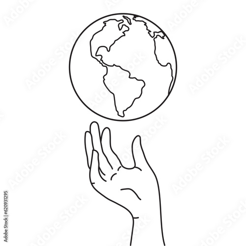 hand holding planet earth. Save the world with your hands concept. vector illustration EPS 10. editable stroke.