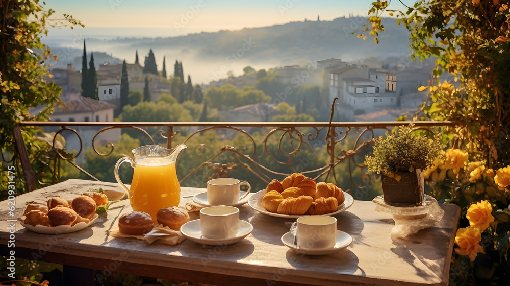 Beautiful sunrise Italian breakfast on a balcony in Provence with a green natural view, decorated with fresh orange juice, croissants, bakery pastry. - obrazy, fototapety, plakaty 