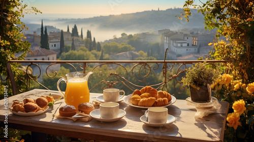 Beautiful sunrise Italian breakfast on a balcony in Provence with a green natural view, decorated with fresh orange juice, croissants, bakery pastry.