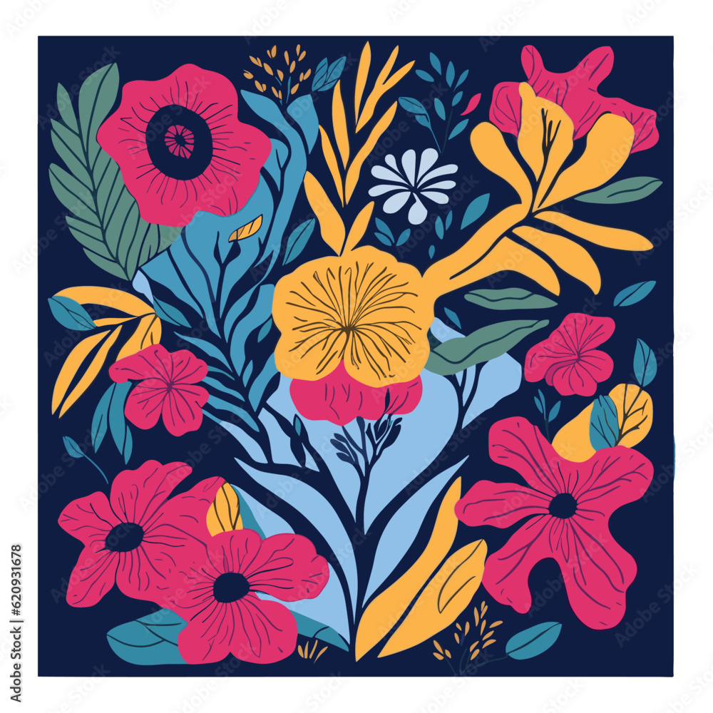 Colorful hand-drawn artistic flower print. Vector illustration. Abstract style. Fashionable template for design.