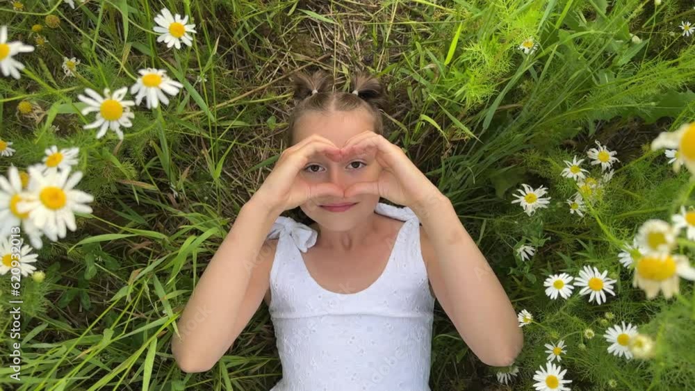 A girl who makes a heart with her own hands during sunset on a warm summer day, lying in a field of daisies. a child makes a heart out of his hands . . Happy Valentine's Day, Mother's Day, love of nat A girl who makes a heart with her own hands during sunset on a warm summer day, lying in a field of daisies. a child makes a heart out of his hands . . Happy Valentine's Day, Mother's Day, love of nat