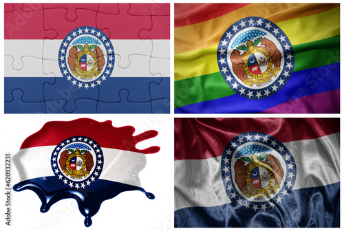 colorful flag of missouri state in different styles and with different textures on the white background.collage. 3D illustration