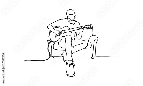 Hand drawn line art drawing of a old man playing guitar illustration