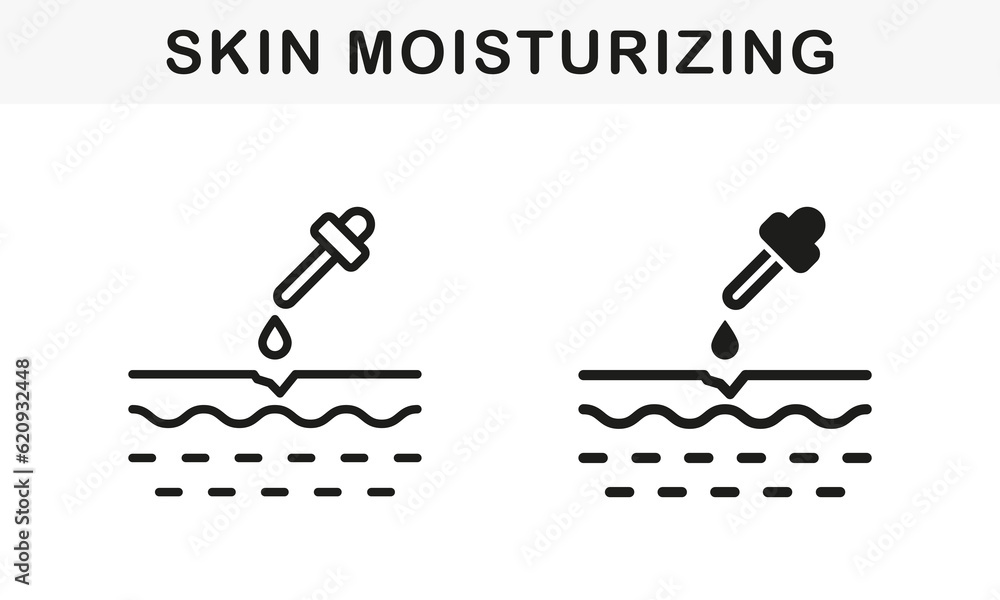 Naklejka premium Skin Moisturizing with Essence Oil Line and Silhouette Icon Set. Spa Aromatherapy Treatment Pictogram. Serum Drop, Liquid on Layers Skin Structure Symbol Collection. Isolated Vector Illustration