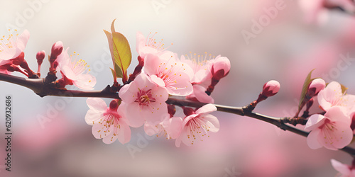 Fool's Bloom: Pink Peach Tree Flowers on Pink Background Pink Peach Blossoms: Vector Illustration  Ai generated 