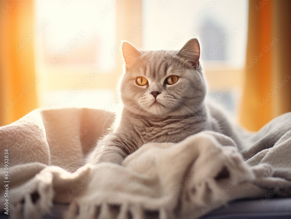 British Shorthair Cat lounging on a cozy blanket (Generative AI) British Shorthair Cat lounging on a cozy blanket (Generative AI)