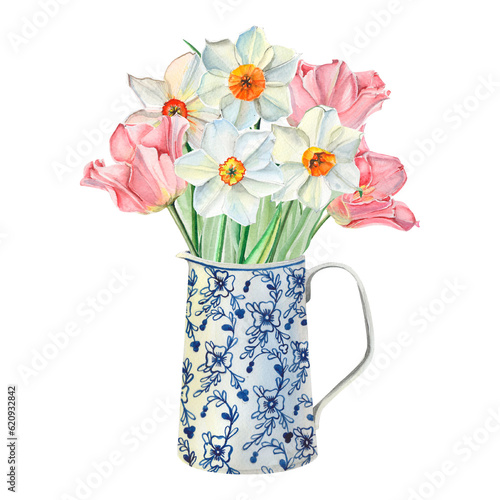 Delicate spring watercolor bouquet in white ornamental vintage vase. Light pink tulips, white daffodils for greeting card, postcard.