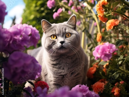 Enviromental portrait of British Shorthair Cat posing in a flower filled garden (Generative AI)