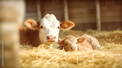 Print op canvas Newborn calf and mother cow lying down inside cattle farm