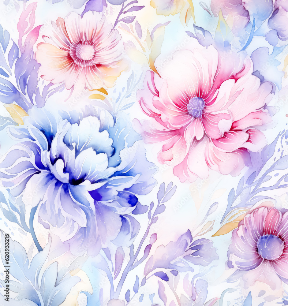 Fototapeta premium Watercolor seamless pattern watercolor floral border, in the style of pastel on white background.