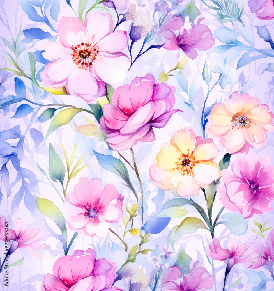 Watercolor seamless pattern watercolor floral border, in the style of pastel on white background.