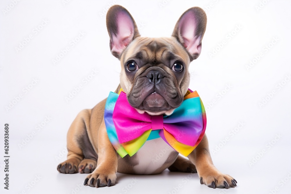 Isolated Portrait of Bulldog Dog Posing in Colorful Bow. Generative AI