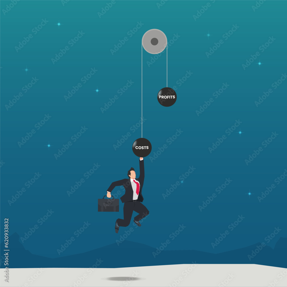 Businessman hangs in the weight of pulley costs vector illustration