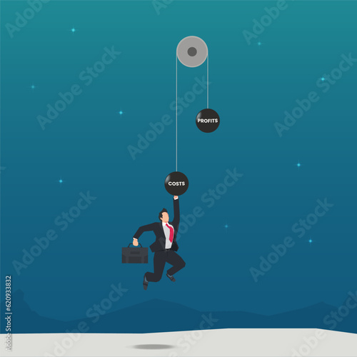 Businessman hangs in the weight of pulley costs vector illustration