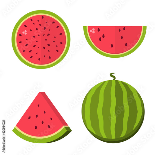 Cartoon fresh watermelon half, wedges and triangles. Piece of red watermelon. Fruit vector set. Flat style. Vector
