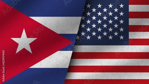 USA and Cuba Realistic Two Flags Together, 3D Illustration
