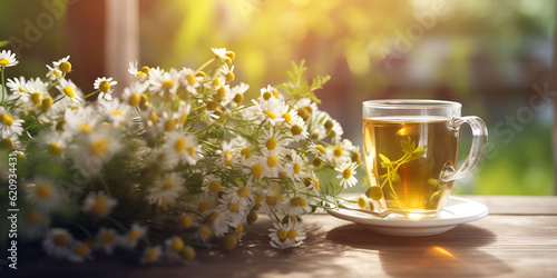 Fototapete Herbal tea with fresh chamomile flowers on old wooden background, Still life wit
