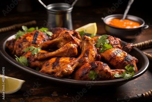 Grilled Chicken Wings with Roasted Chicken on a Plate: Indian Cuisine. Generative AI