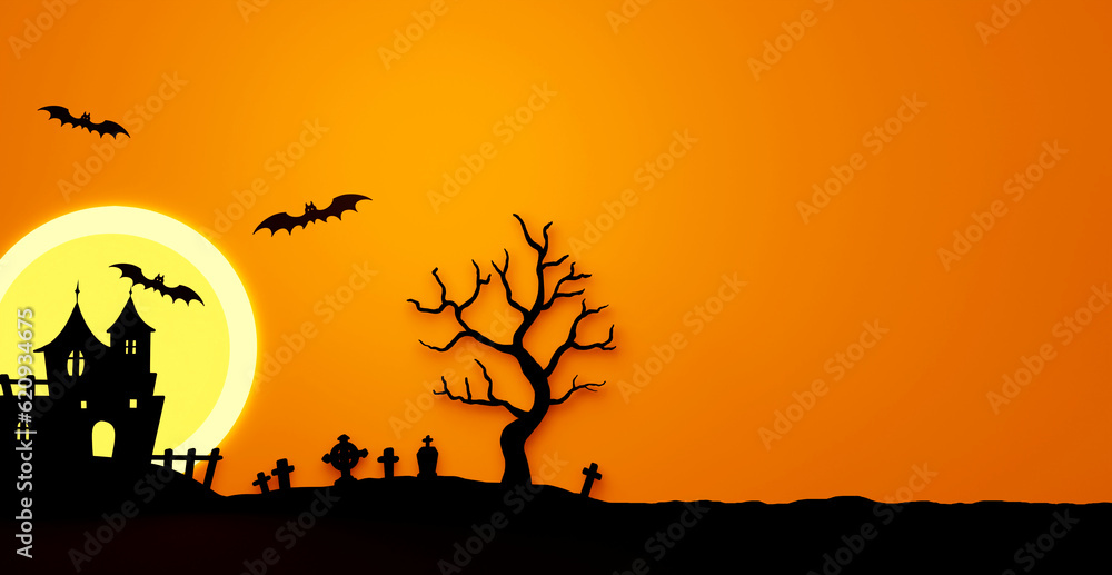 3D rendering graveyard, spooky tree and haunted house with big moon on orange background. Halloween theme.