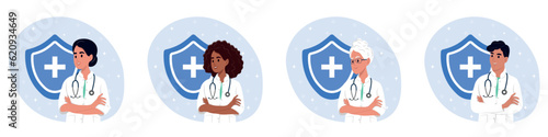 National Immunization Awareness Month. Set of different doctors. Set of different doctors. African American, Native Chinese, Asian,Elderly . Multi-ethnic medical workers of different nationalities.