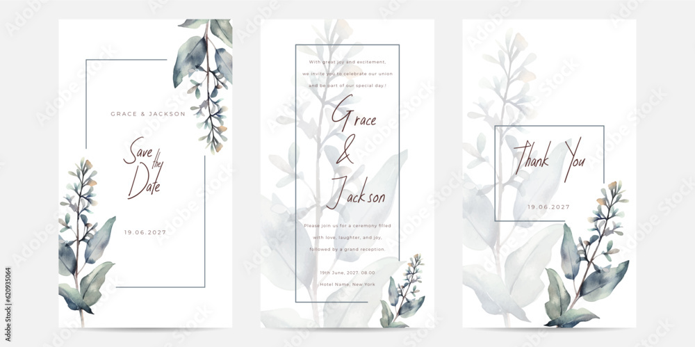 Elegant watercolor lakspur flower background border and wreath card design. Vintage wedding card invitation theme.