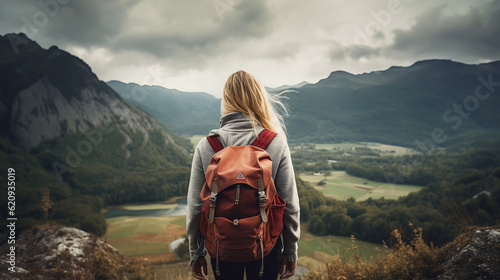 Rear view of female hiker with backpack looking out over a scenic view created, Generative Ai