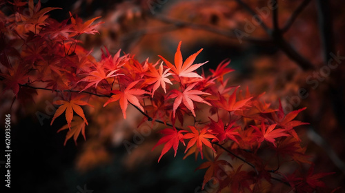 Red autumn maple leaves on tree, Generative Ai